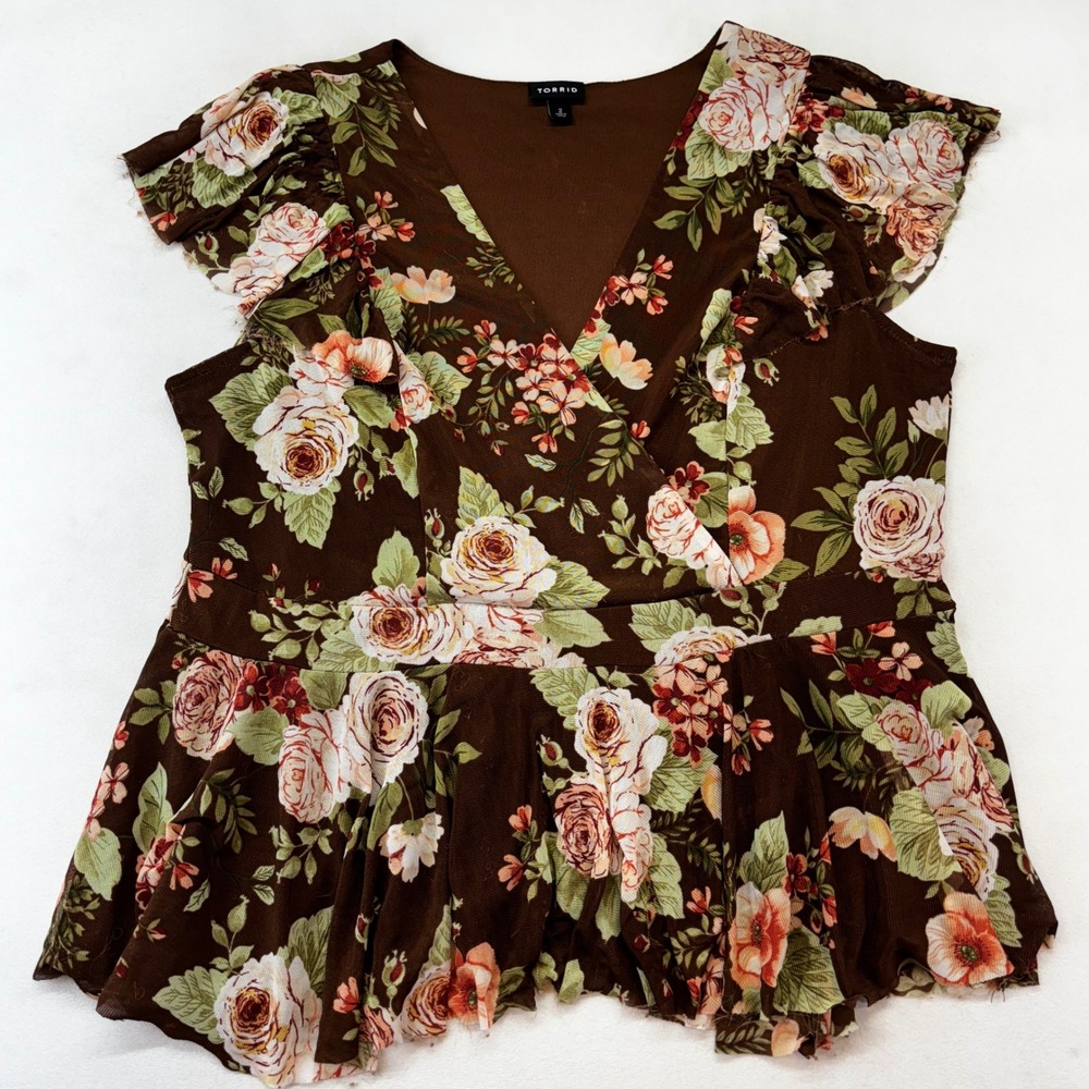 Torrid Peplum Top Women 2 Brown Floral Mesh Flutter Sleeve V-Neck Plus Size